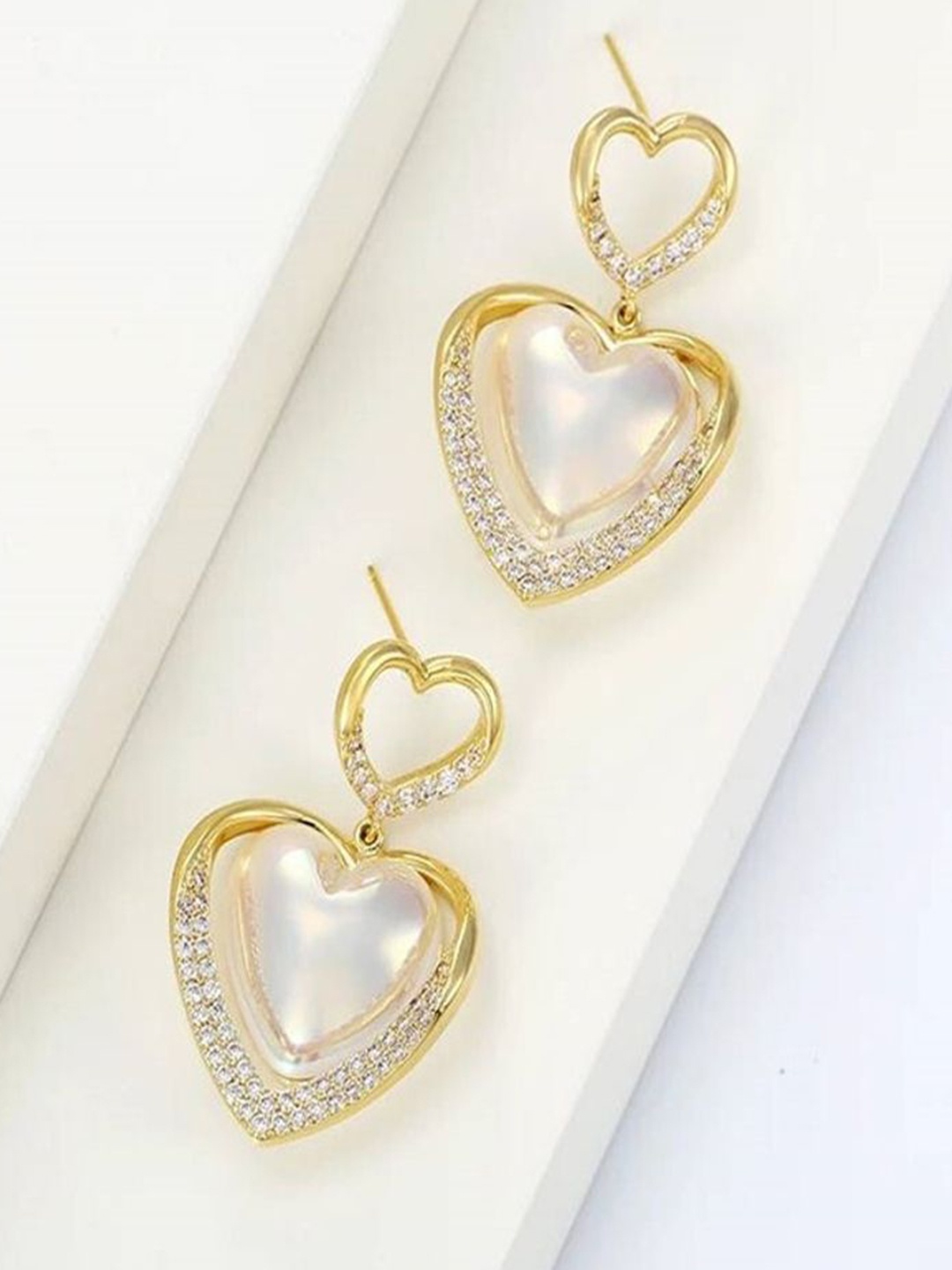 

Celestique Artificial Stones Studded Heart Shaped Drop Earrings, Gold