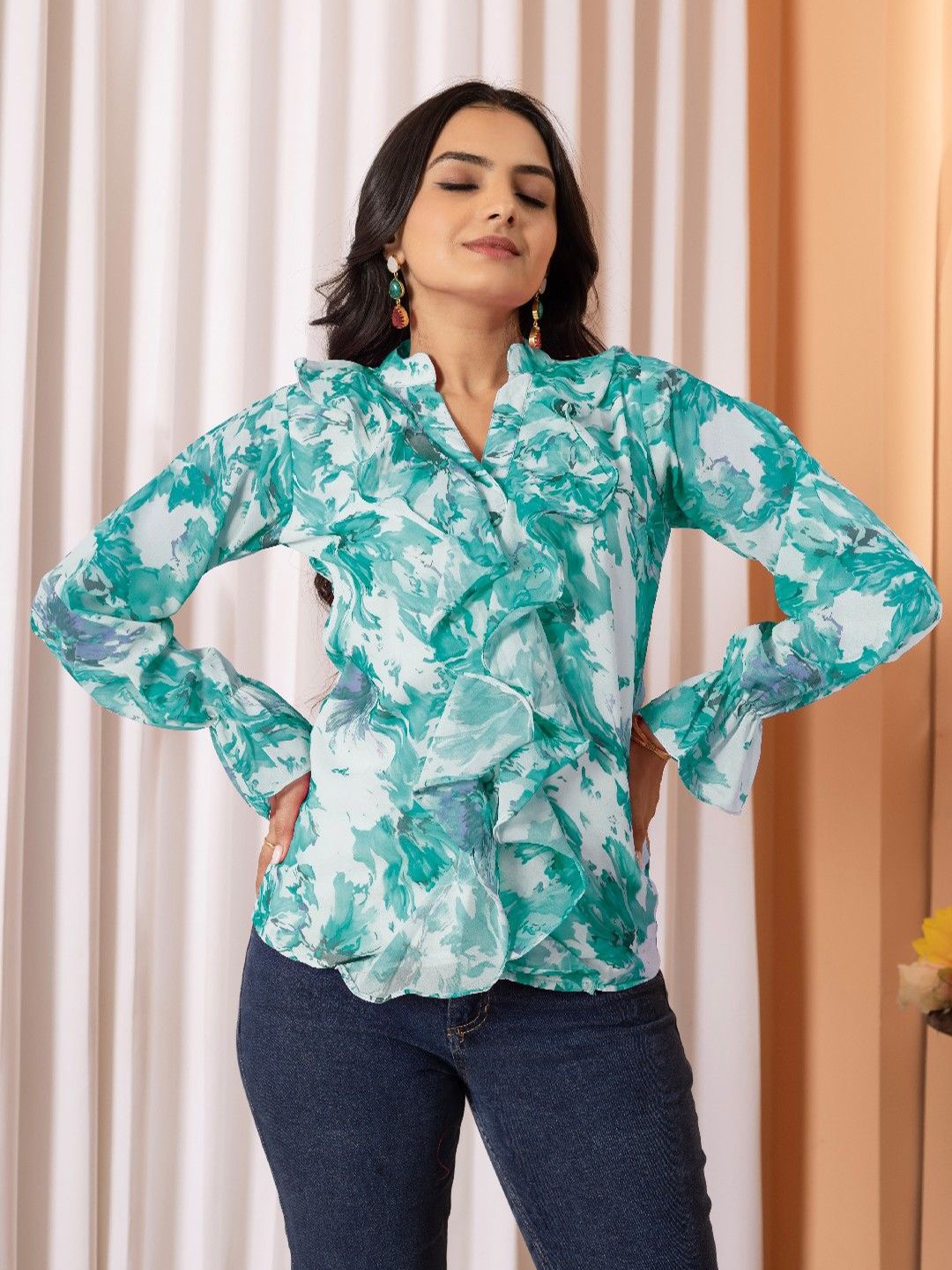 

Tilton Floral Print Mandarin Collar Flared Sleeve Ruffles Georgette Top, Lime green