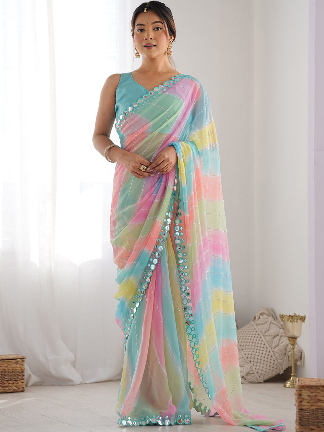 

LeeliPeeri Designer Striped Mirror Work Poly Georgette Saree, Blue