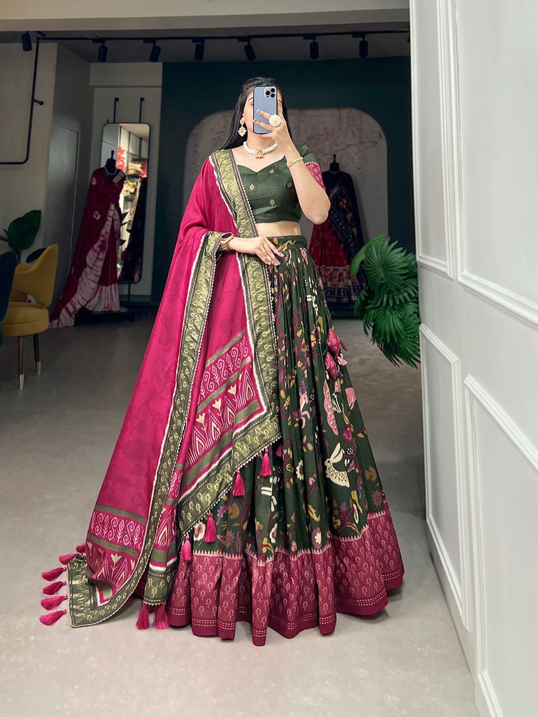 

RADHVI BIZ Printed Ready To Wear Lehenga & Semi-Stitched Blouse With Dupatta, Green