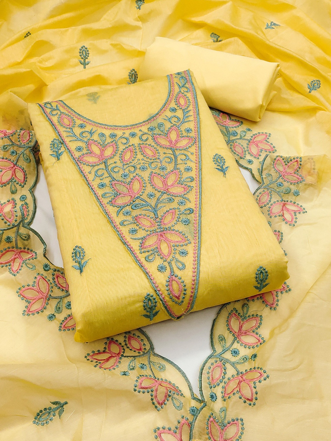 

MANVAA Floral Embroidered Chanderi Cotton Unstitched Dress Material, Yellow