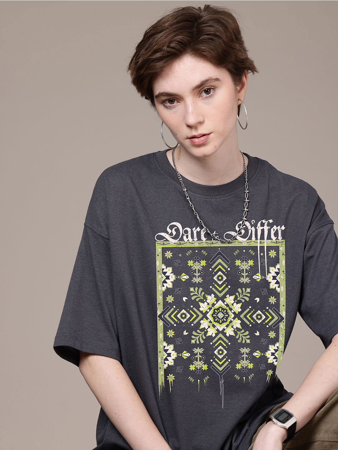 

The Roadster Lifestyle Co. Women Graphic Printed Round Neck Cotton Oversized T-shirt, Grey