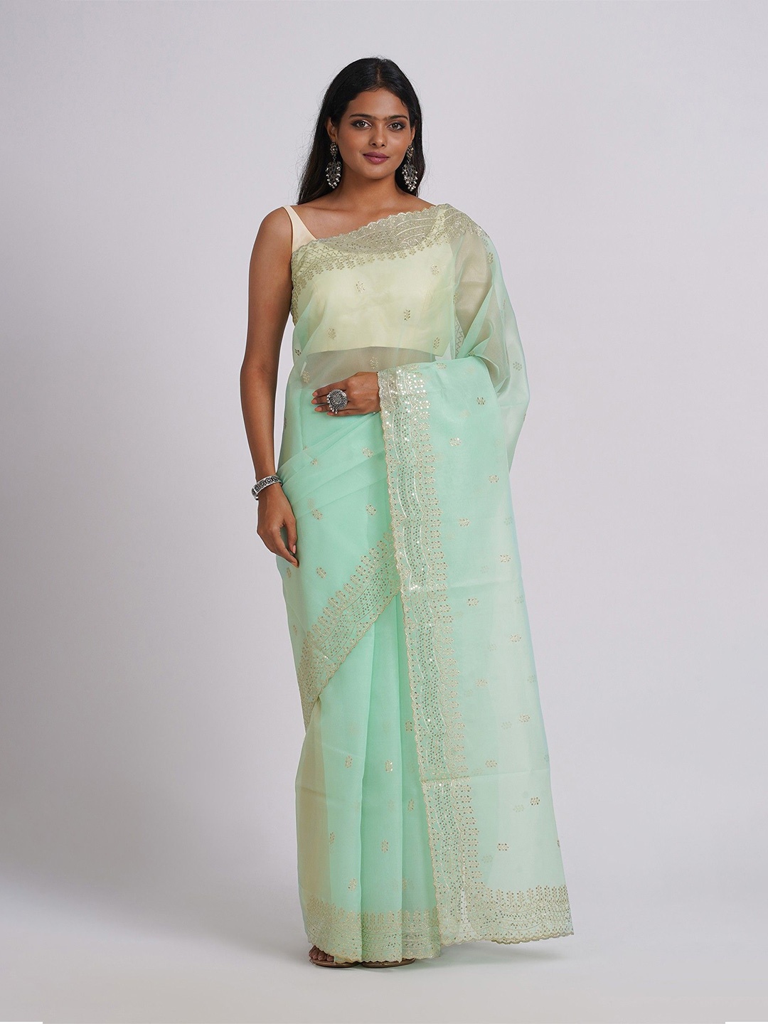 

TEEJH Nayra Light Green Sequin Embroidered Organza Saree