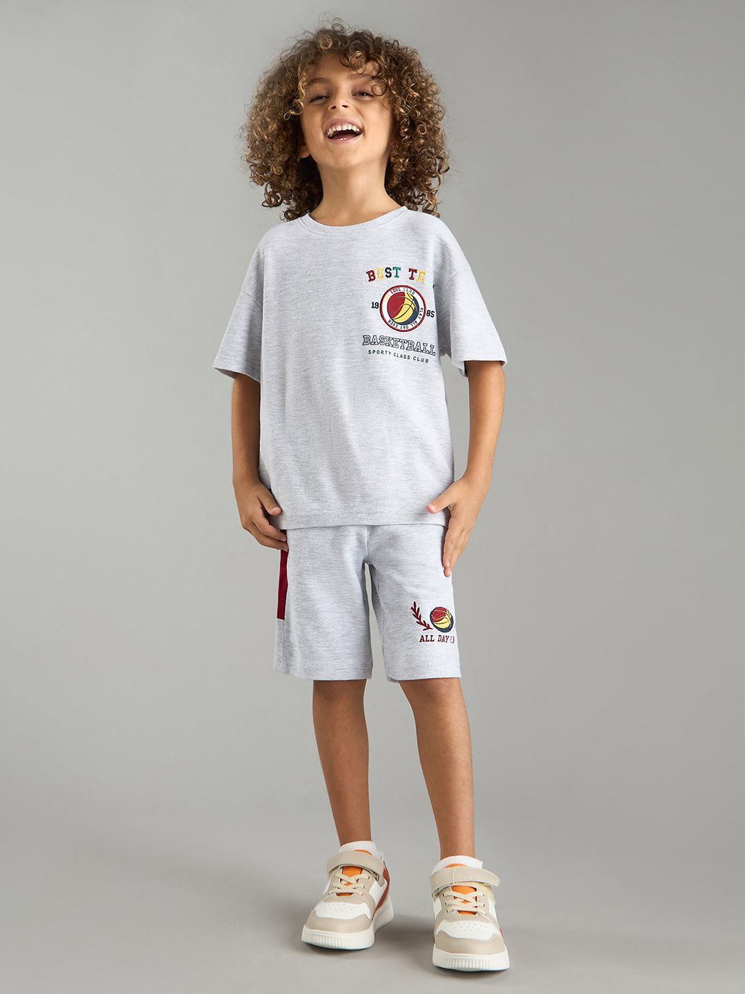

max Boys Typographic Printed Pure Cotton T-Shirt With Shorts, Grey