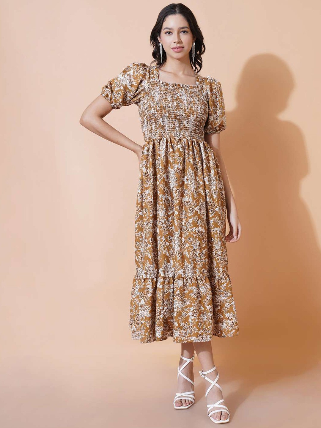 

ZWERLON Women Floral Print Puff Sleeve A-Line Midi Dress, Camel brown
