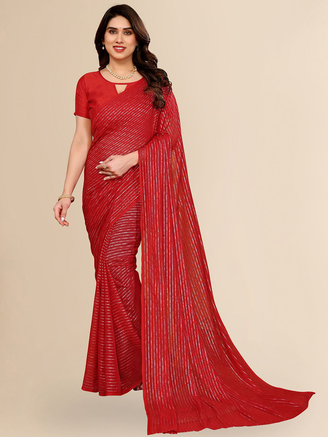 

Moda Rapido Striped Poly Georgette Saree, Red