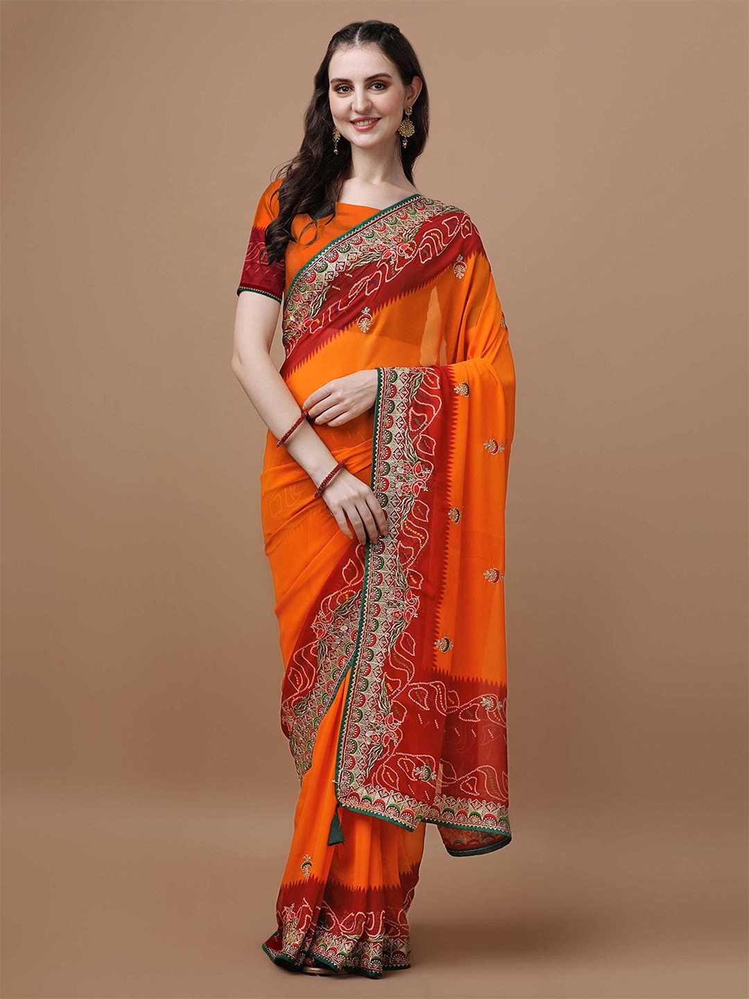 

DIVASTRI Bandhani Poly Georgette Designer Bandhani Saree, Orange