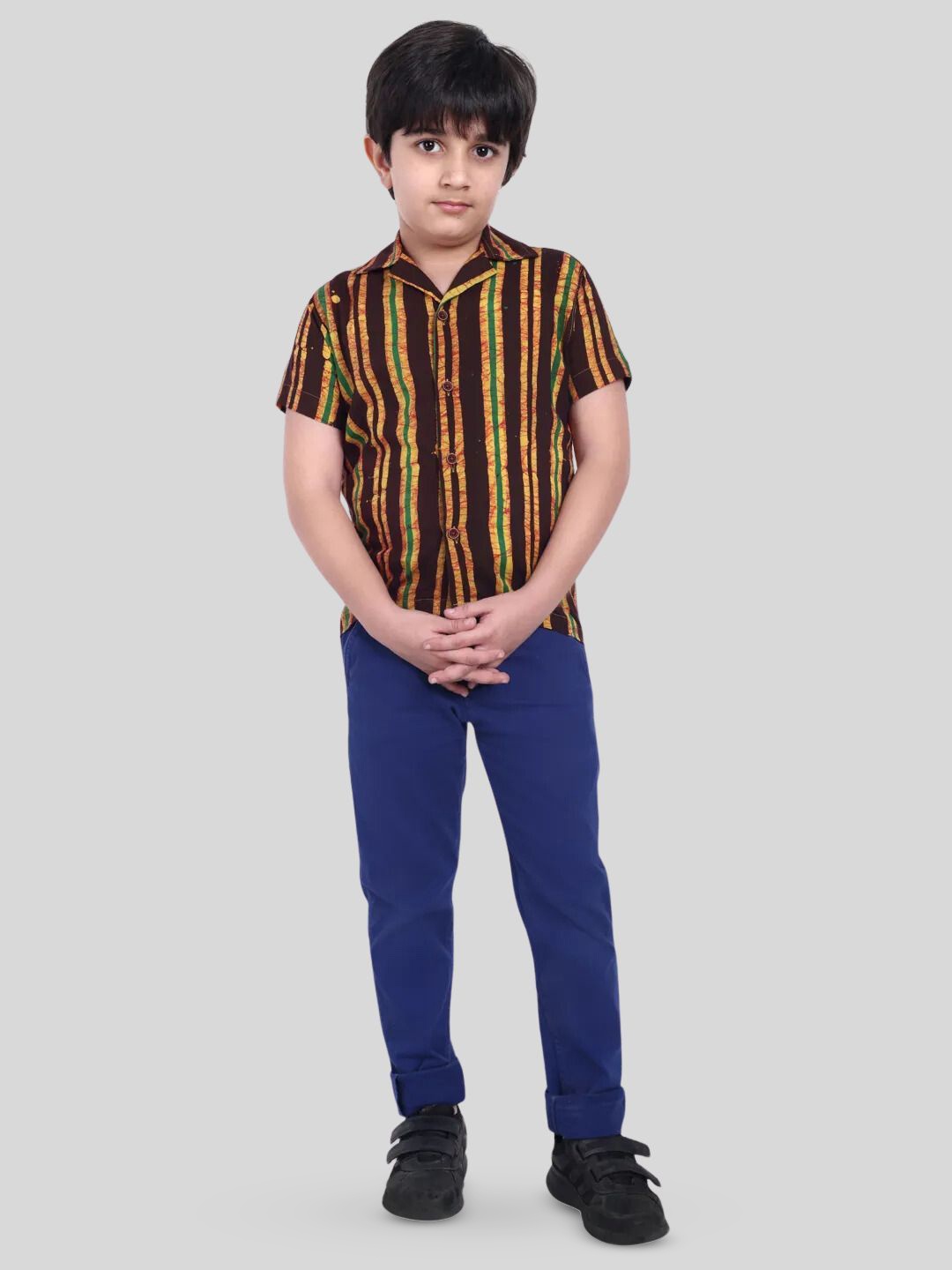 

MOSHI Boys Classic Fit Cuban Collar Vertical Striped Cotton Casual Shirt, Mustard