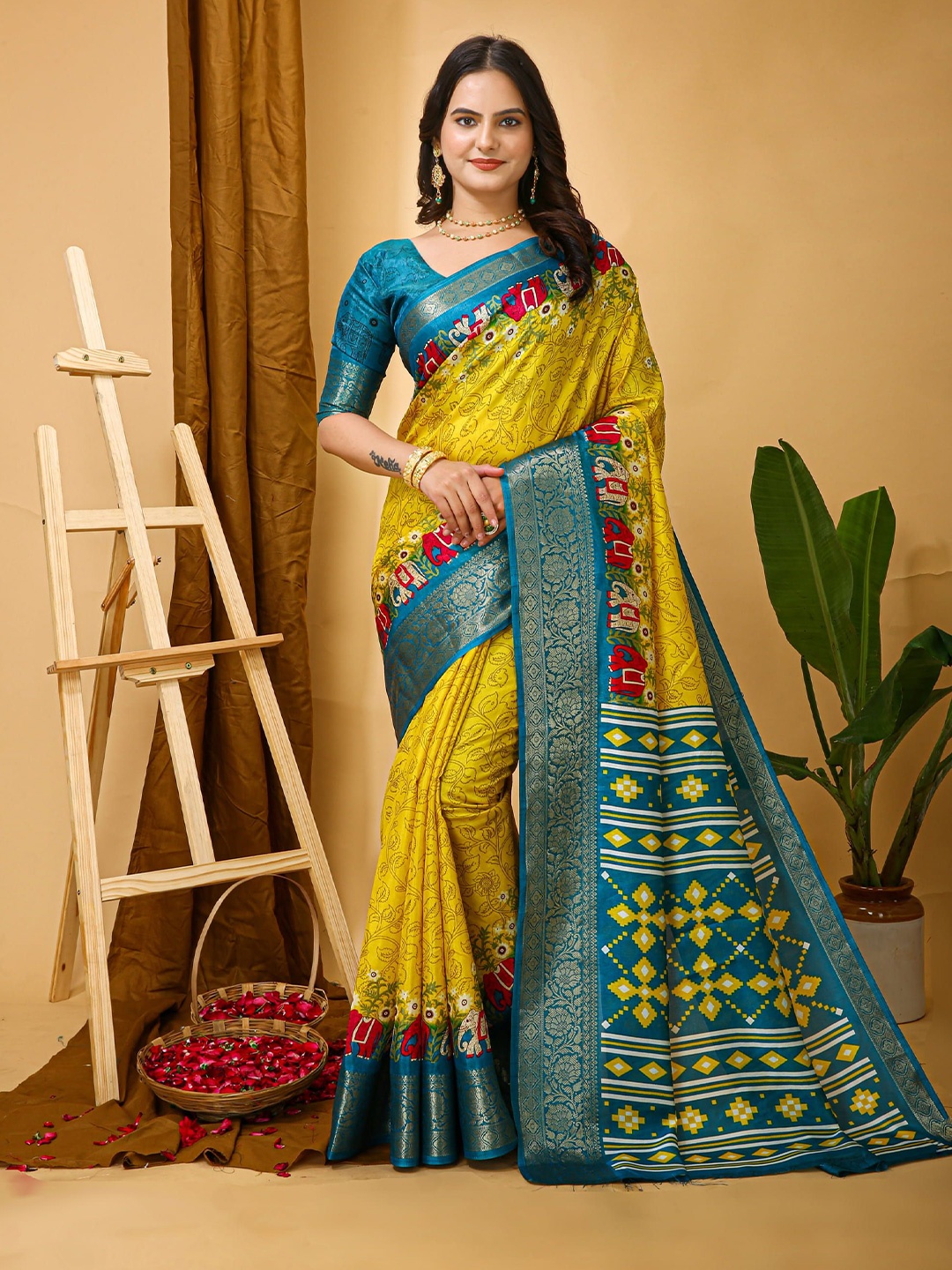 

KALINI Ethnic Motifs Zari Art Silk Banarasi Saree, Yellow
