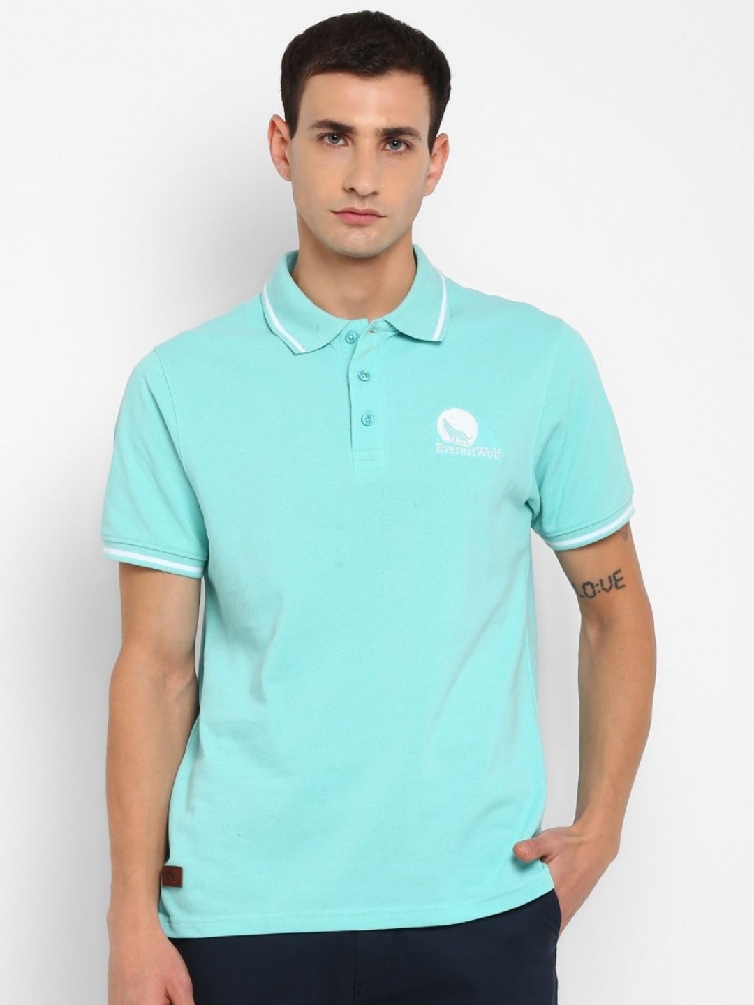 

Everestwolf Men Solid Polo Collar Cotton T-shirt, Sea green