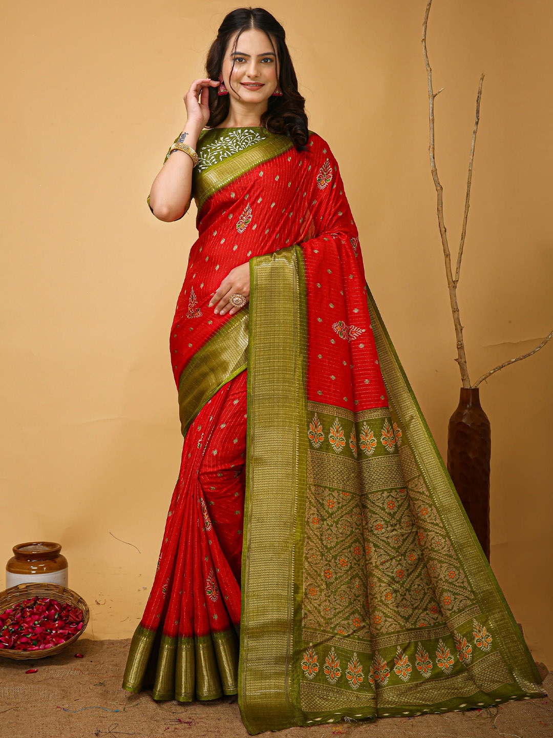

KALINI Ethnic Motifs Zari Art Silk Banarasi Saree, Red