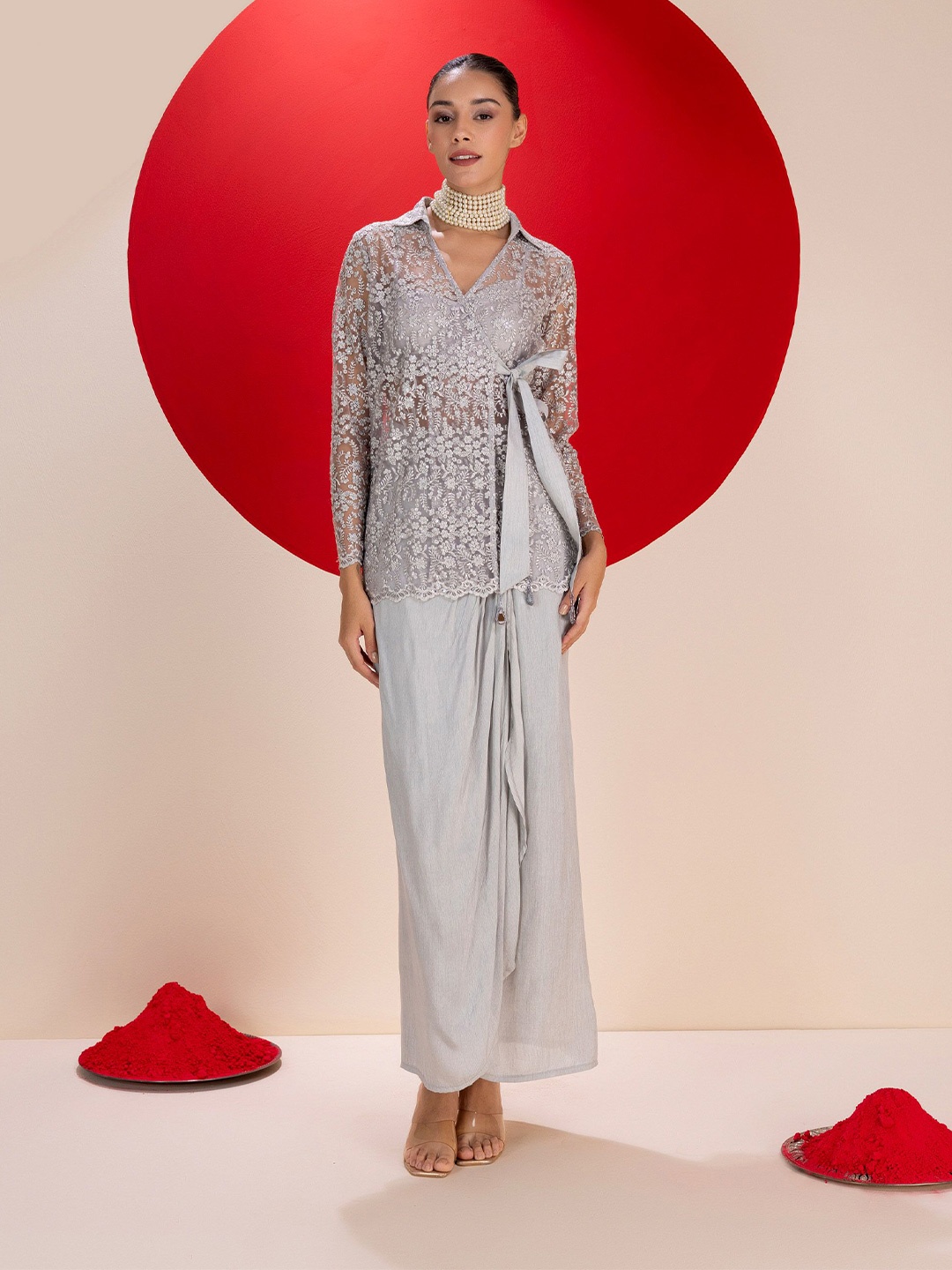 

SEW Embroidered Shirt Collar Top With Skirt, Grey