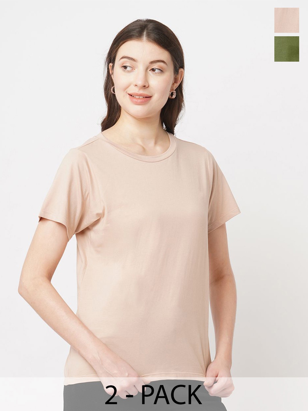 

The Roadster Lifestyle Co. Women Pack Of 2 Solid Round Neck Cotton T-shirts, Beige