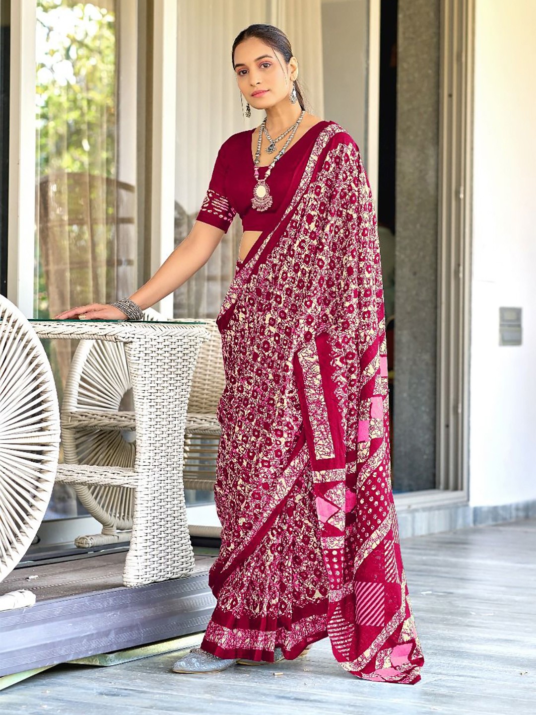 

Anouk Ethnic Motifs Pure Cotton Block Print Saree, Pink