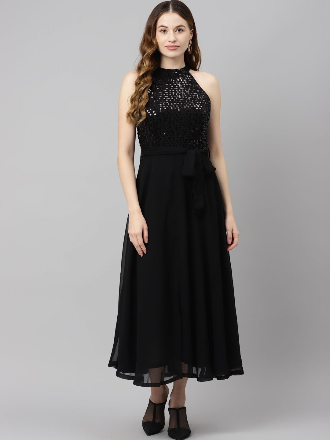 

Moda Rapido Sequined Embellished Halter Neck Fit & Flare Maxi Dress, Black