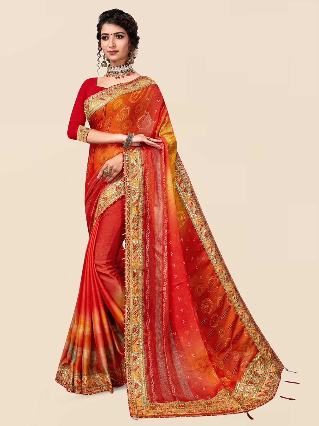 

DIVASTRI Bandhani Poly Chiffon Bandhani Saree, Red