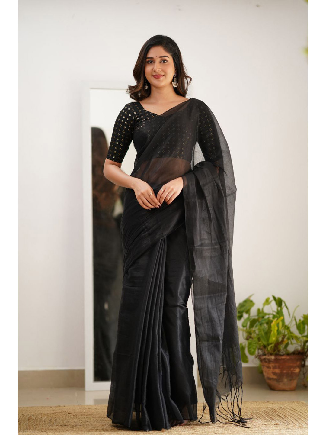 

Sutisancha Black Handloom Tissue Saree With Designer Blouse