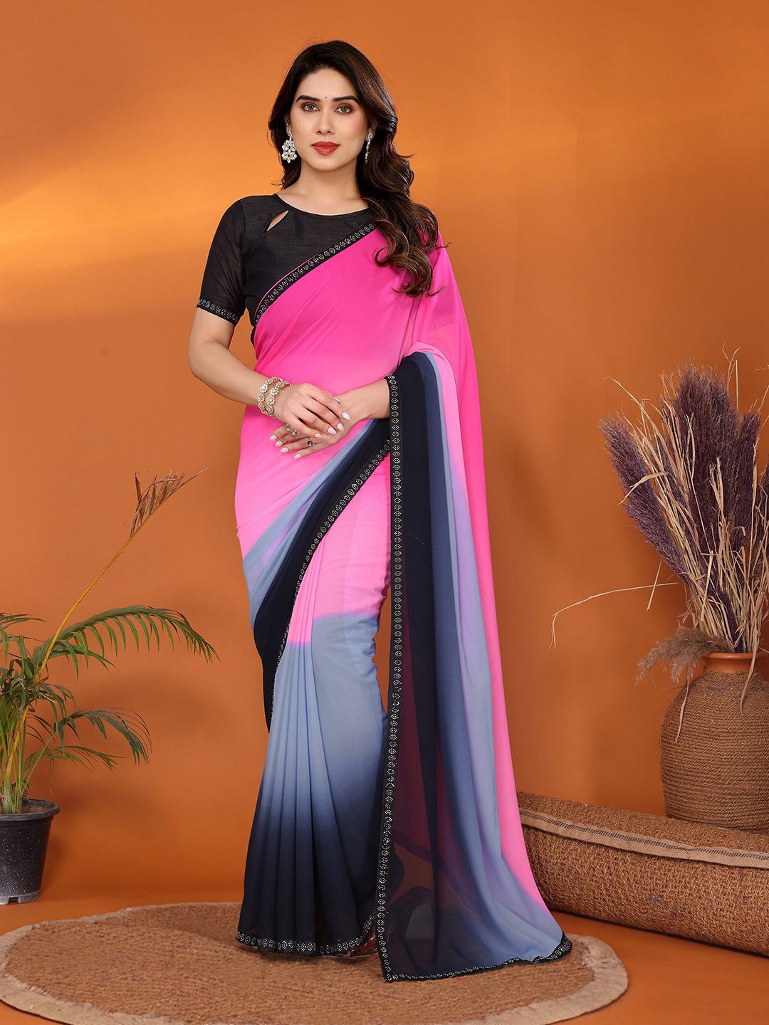 

Moda Rapido Ombre Beads and Stones Poly Georgette Half and Half Saree, Pink