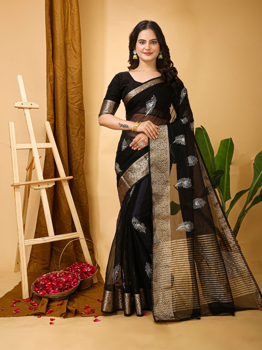 

KALINI Ethnic Motifs Zari Art Silk Banarasi Saree, Black