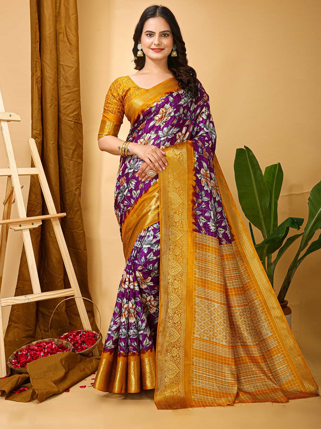 

KALINI Floral Zari Art Silk Banarasi Saree, Purple