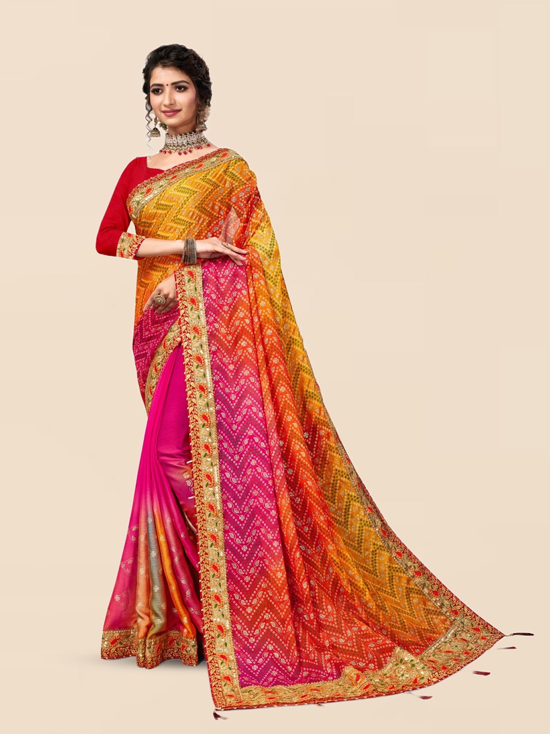 

DIVASTRI Bandhani Poly Chiffon Bandhani Saree, Pink