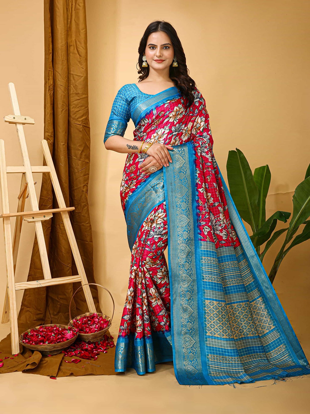 

KALINI Floral Printed Woven Design Zari Banarasi Saree, Pink