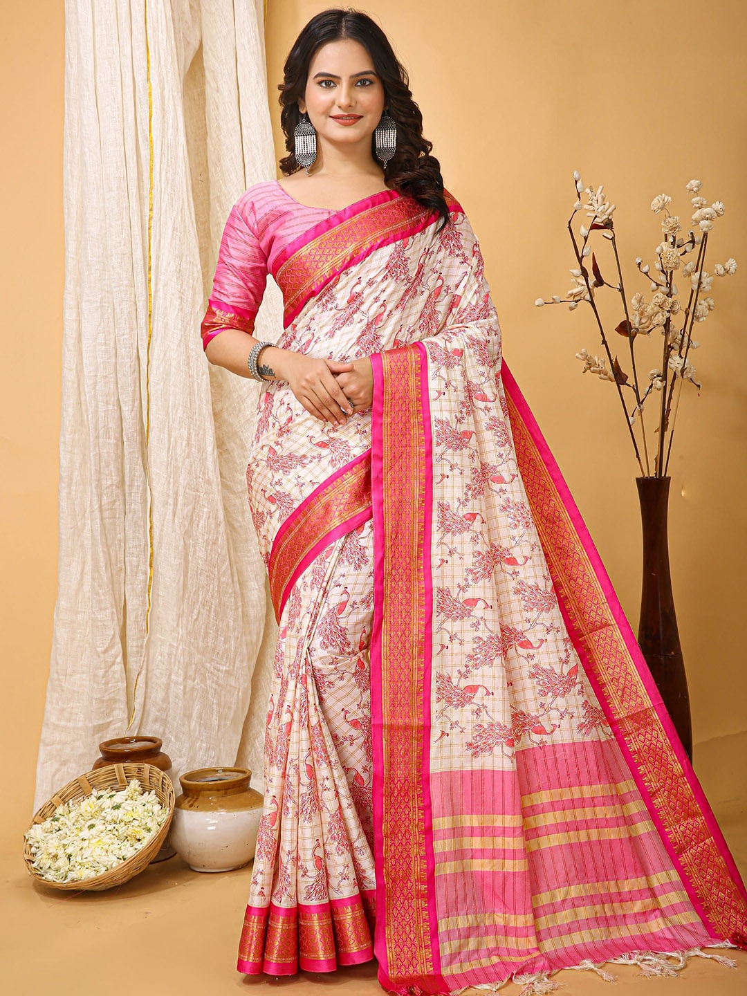 

KALINI Ethnic Motifs Zari Art Silk Banarasi Saree, White