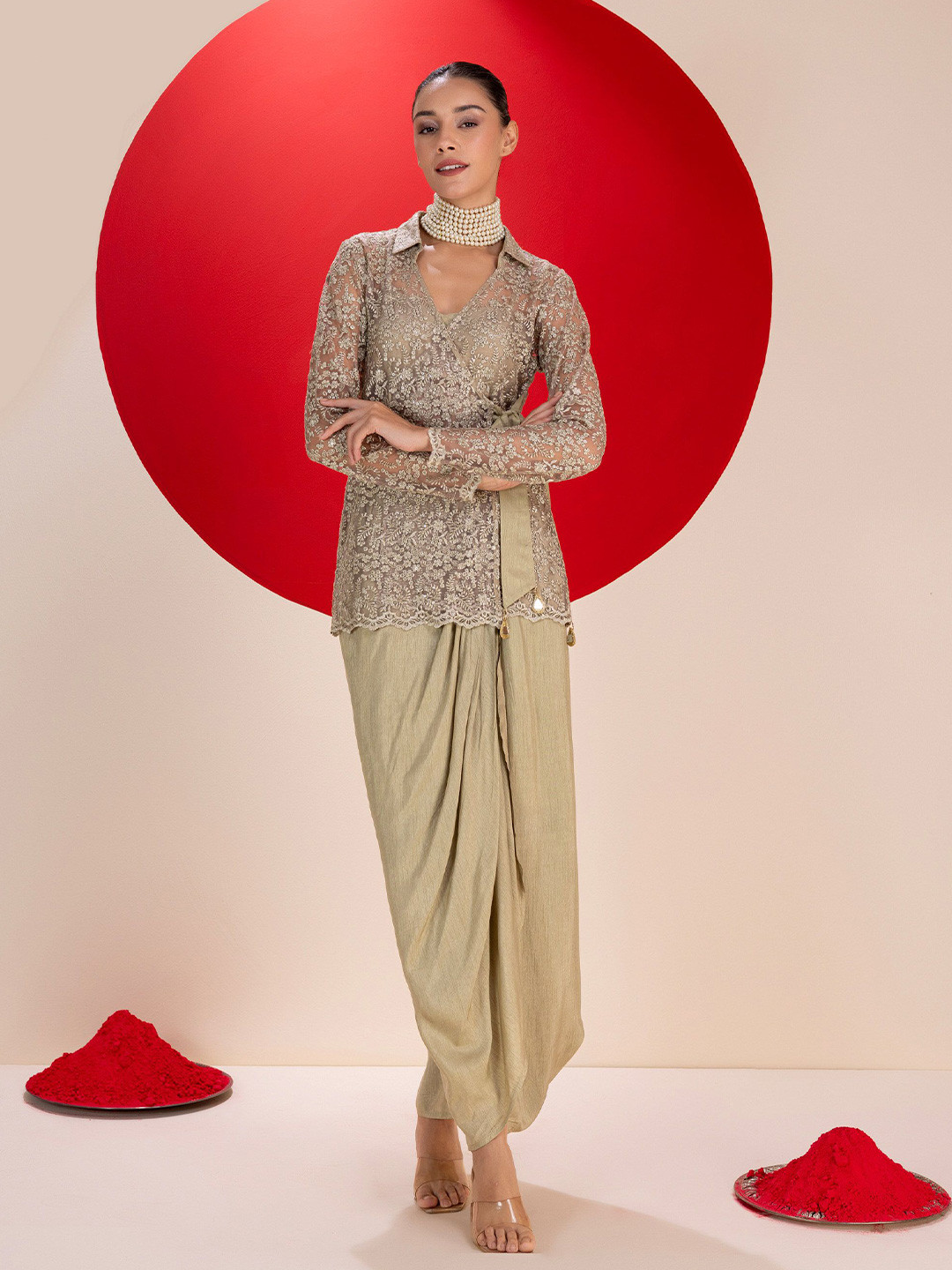 

SEW Embroidered Shirt Collar Top With Skirt, Olive