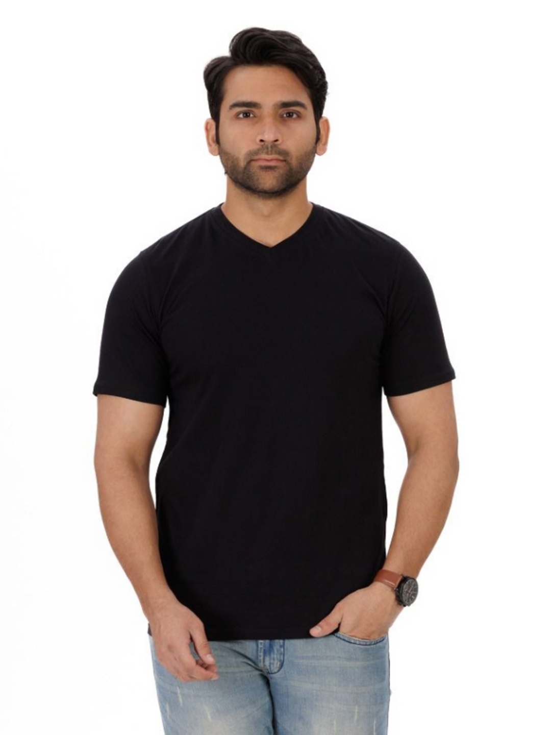 

Everestwolf Men Solid V-Neck Cotton T-shirt, Black