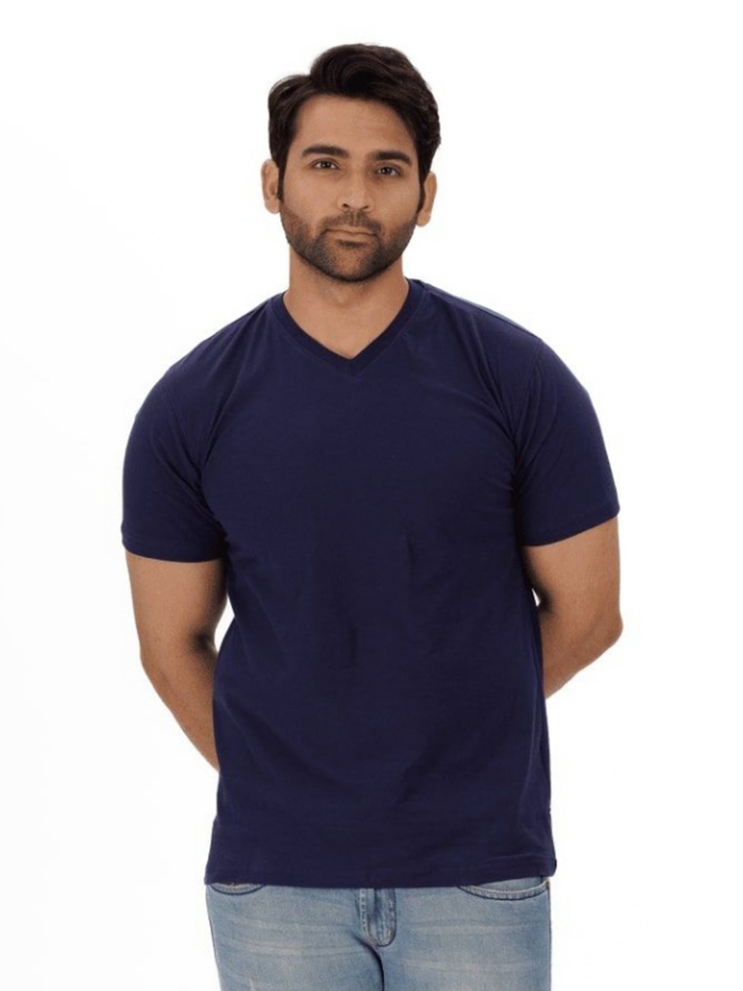 

Everestwolf Men Solid V-Neck Cotton T-shirt, Navy blue
