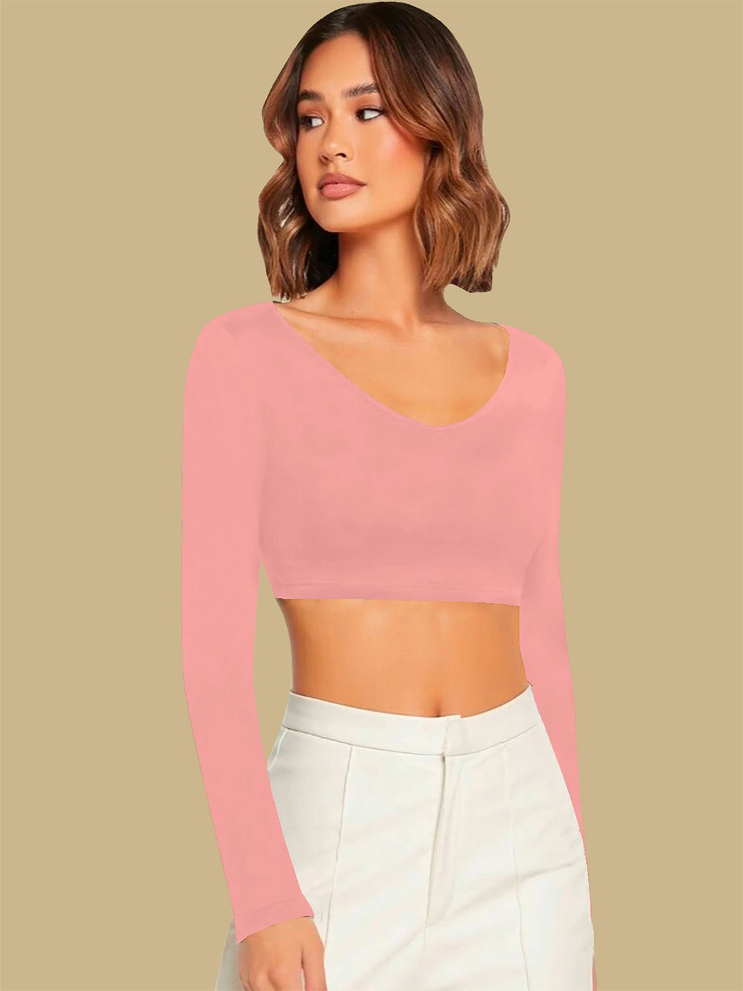 

Dream Beauty Fashion Women Solid V-Neck Top, Peach