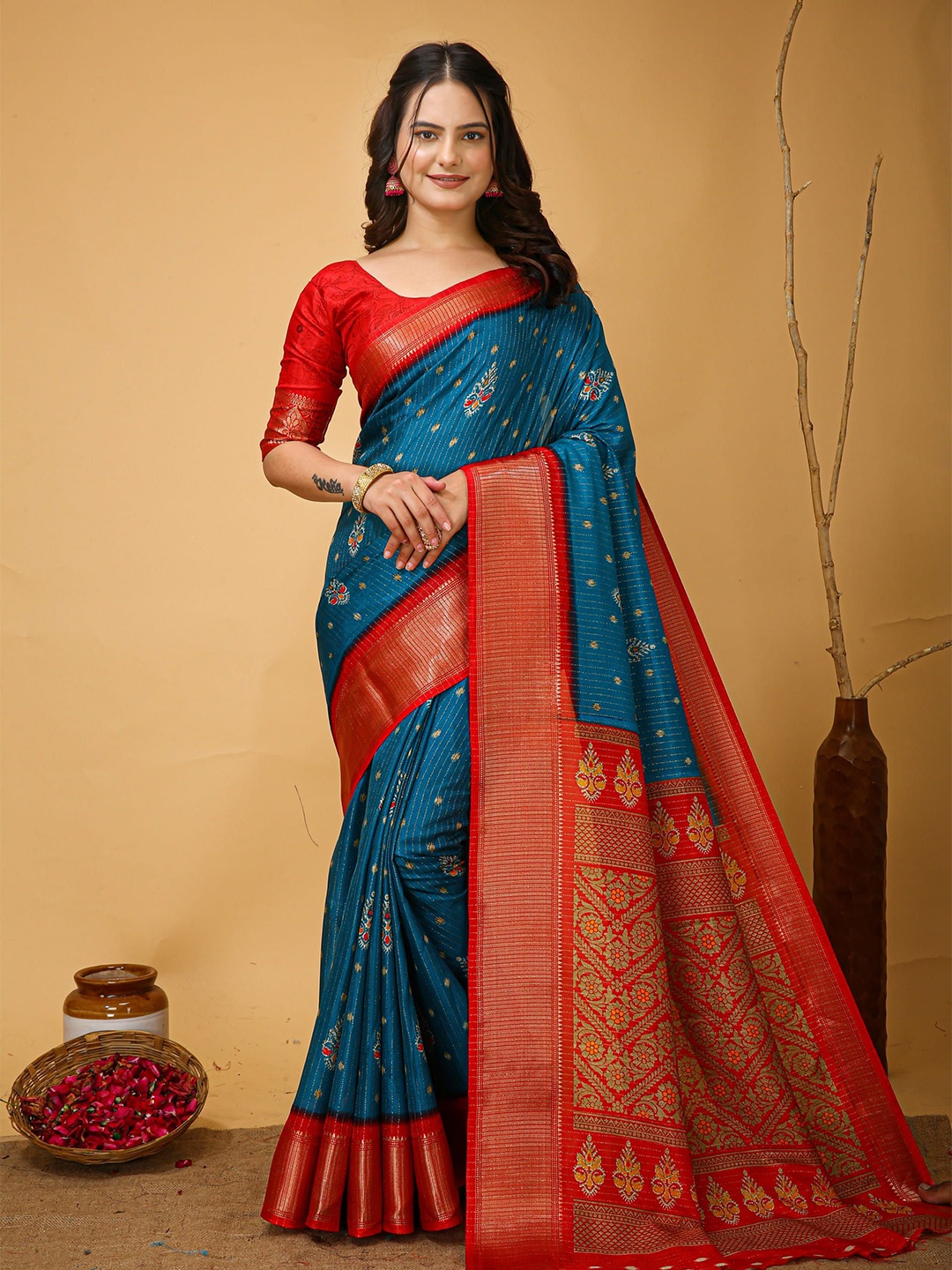 

KALINI Floral Zari Art Silk Banarasi Saree, Blue