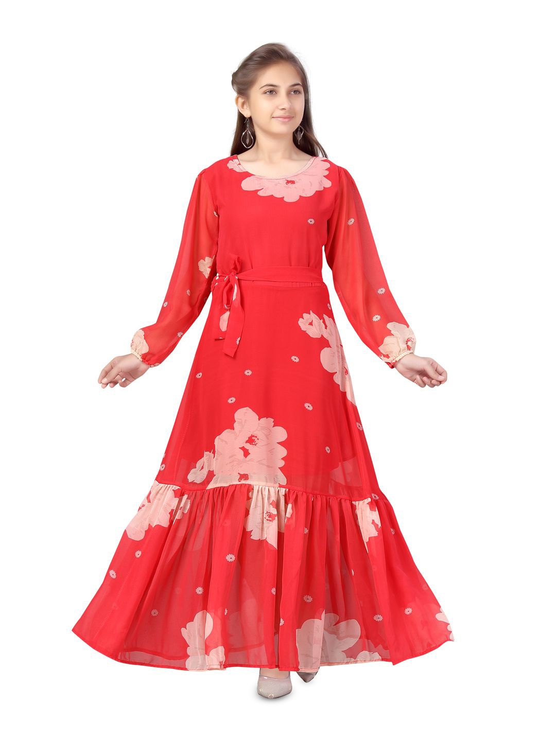 

Aarika Girls Bishop Sleeves Georgette A-Line Maxi Dress, Red