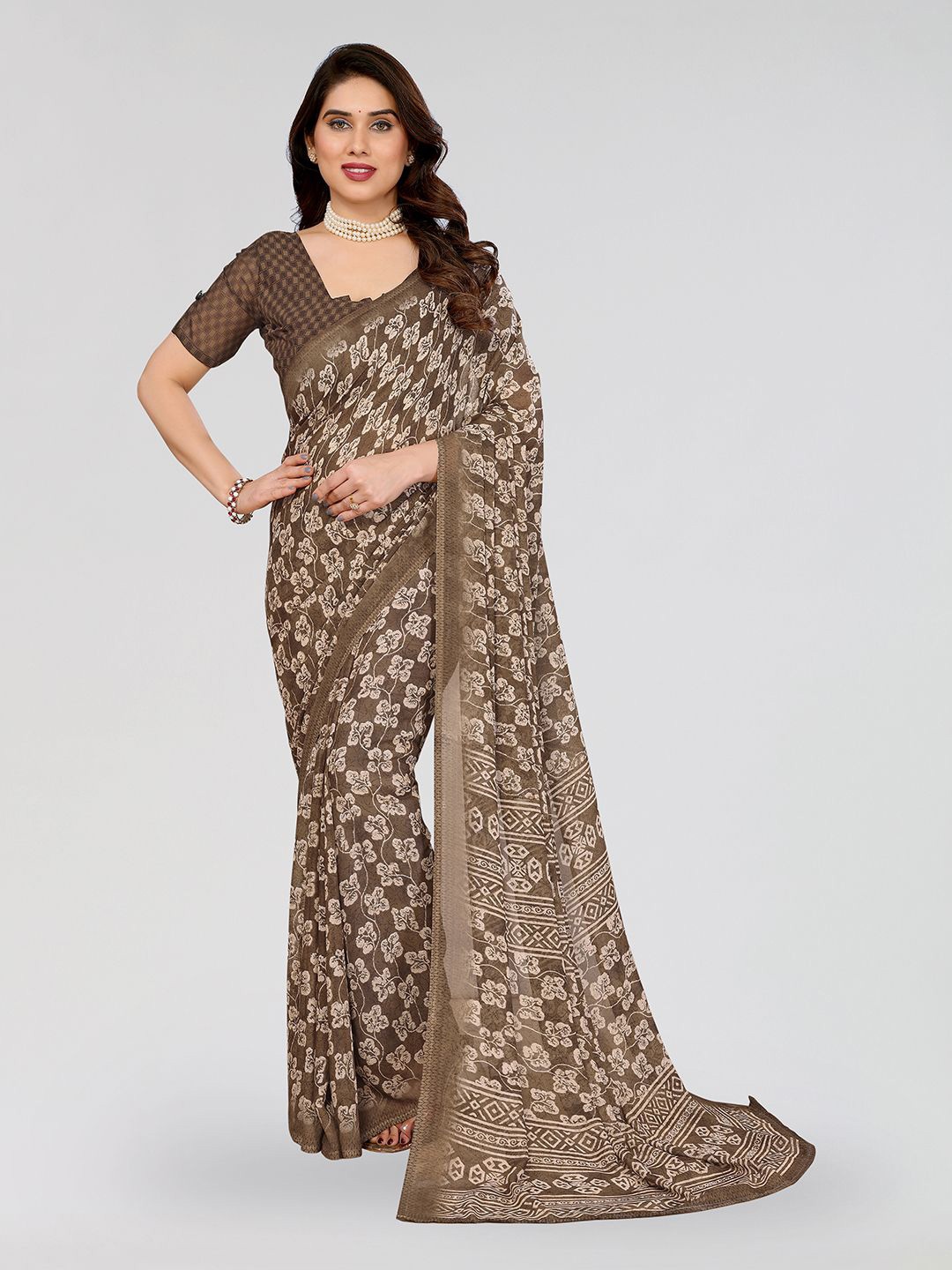 

Moda Rapido Floral Poly Georgette Saree, Brown