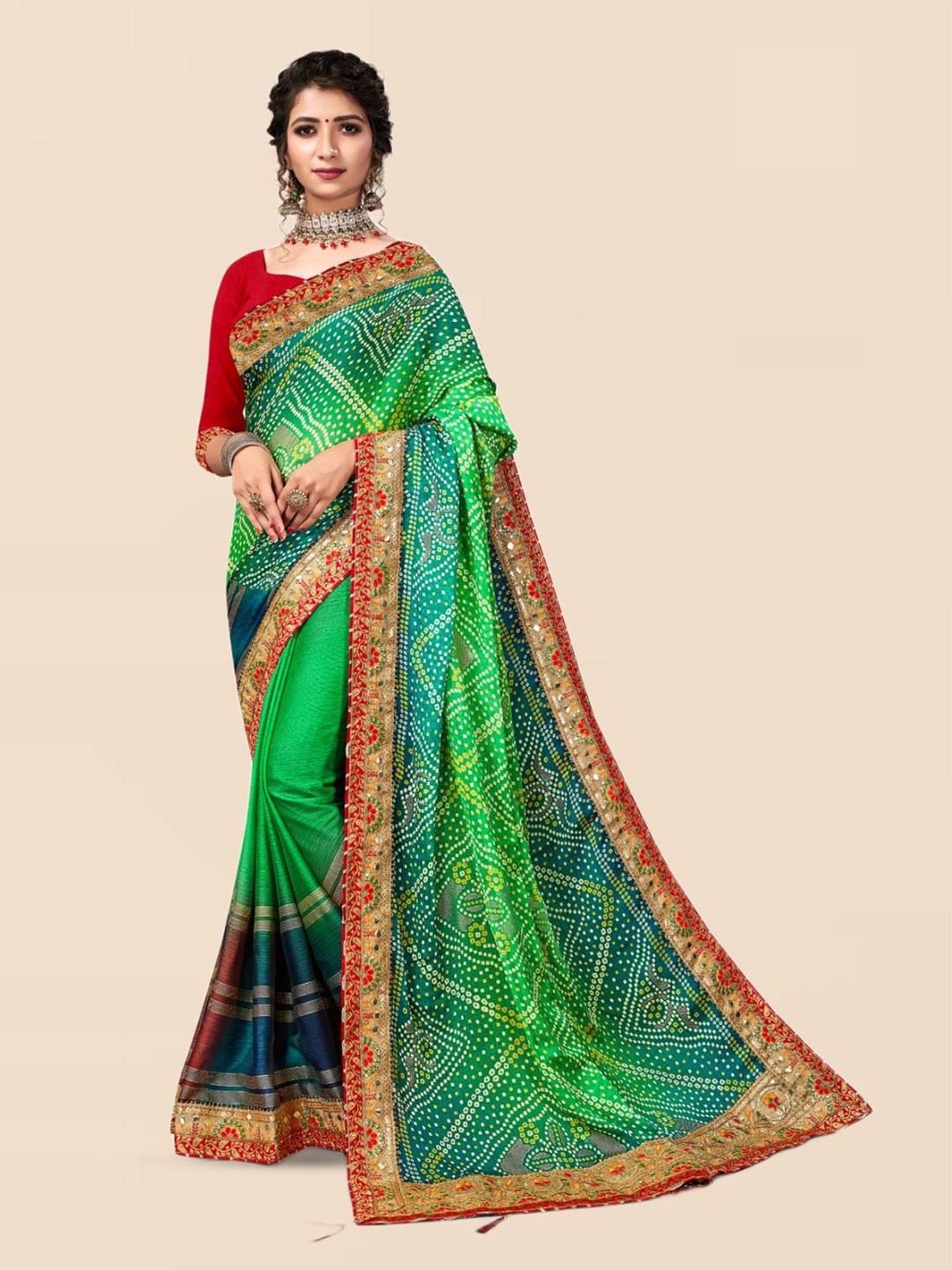 

DIVASTRI Bandhani Poly Chiffon Designer Bandhani Saree, Green