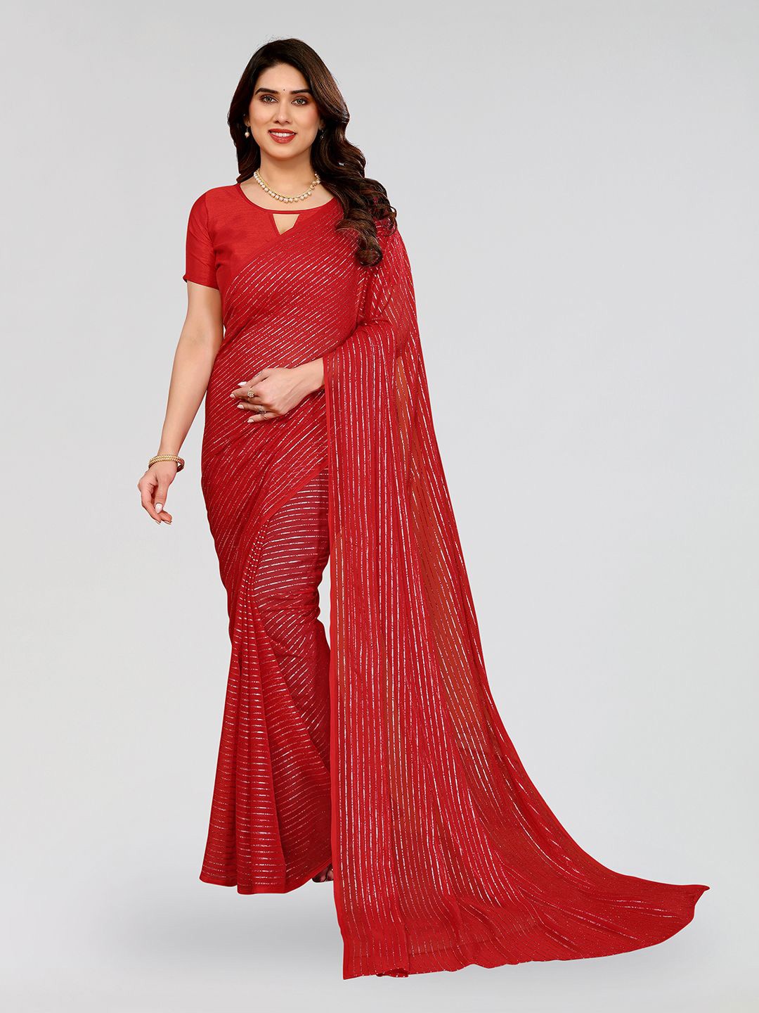

Moda Rapido Striped Poly Georgette Saree, Red