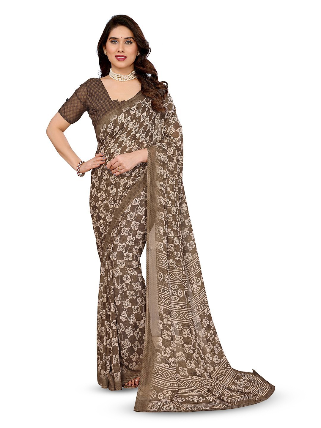 

Moda Rapido Floral Poly Georgette Saree, Brown