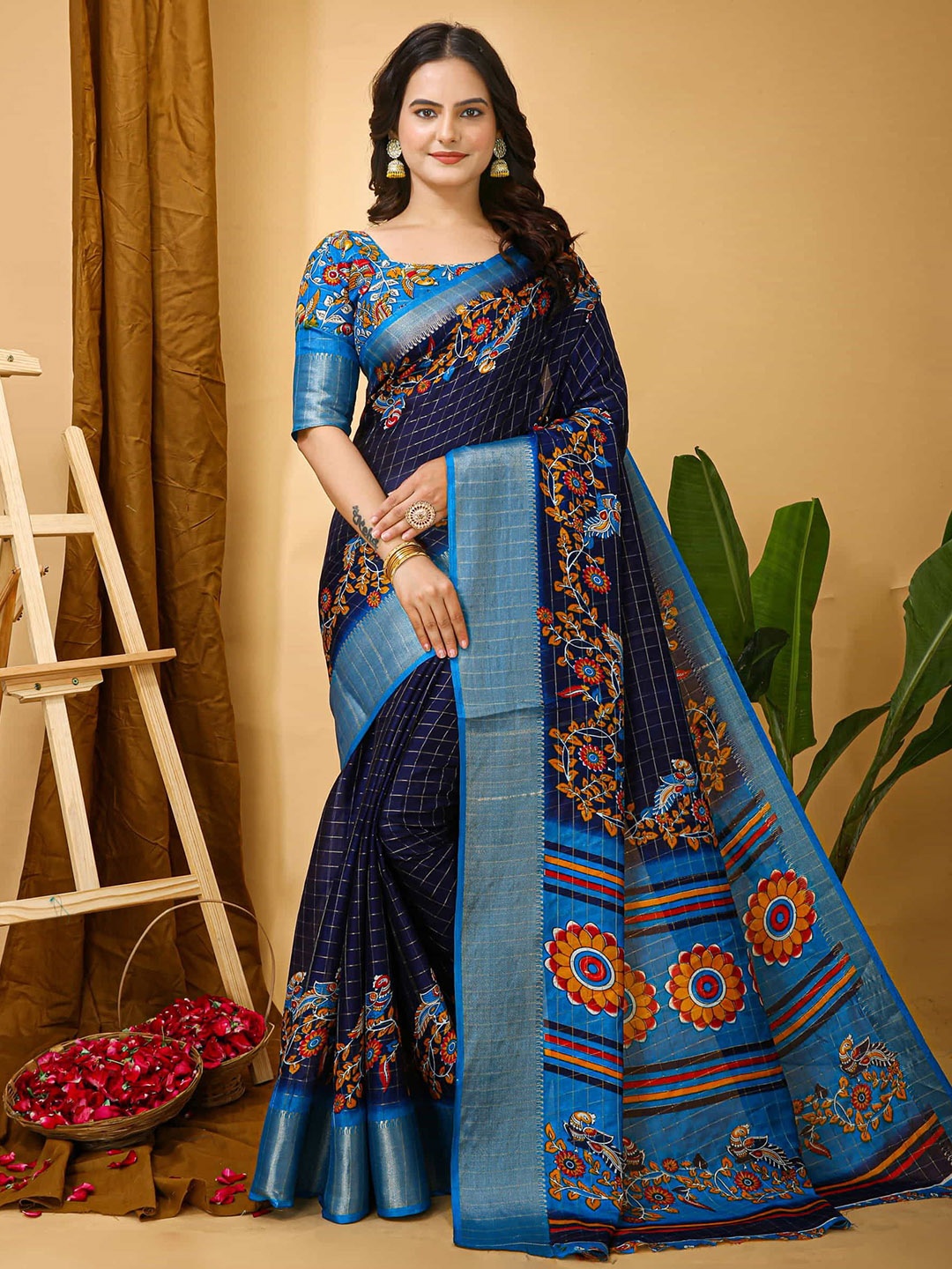 

KALINI Checked Zari Art Silk Banarasi Saree, Blue