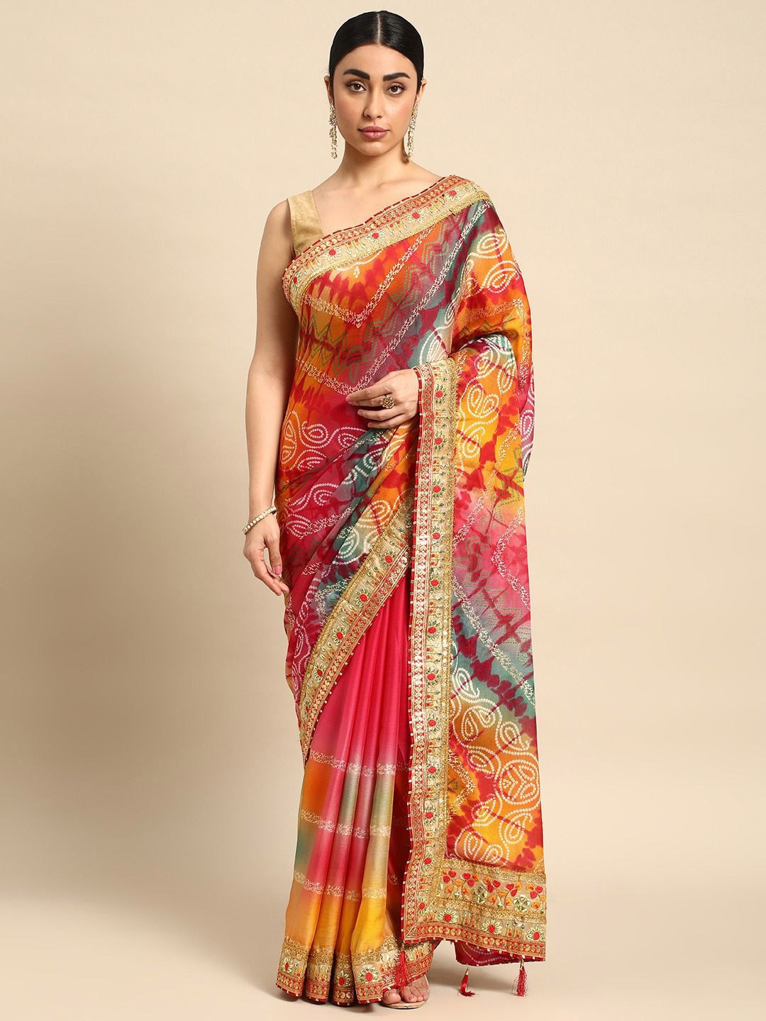 

DIVASTRI Bandhani Lace Work Saree, Pink