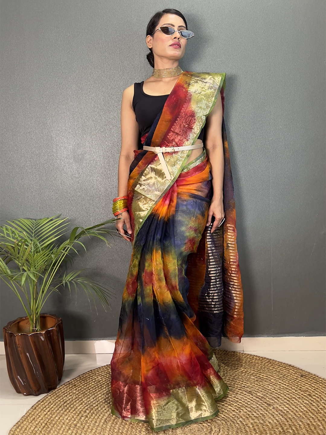 

KALINI Tie and Dye Zari Organza Banarasi Saree, Grey