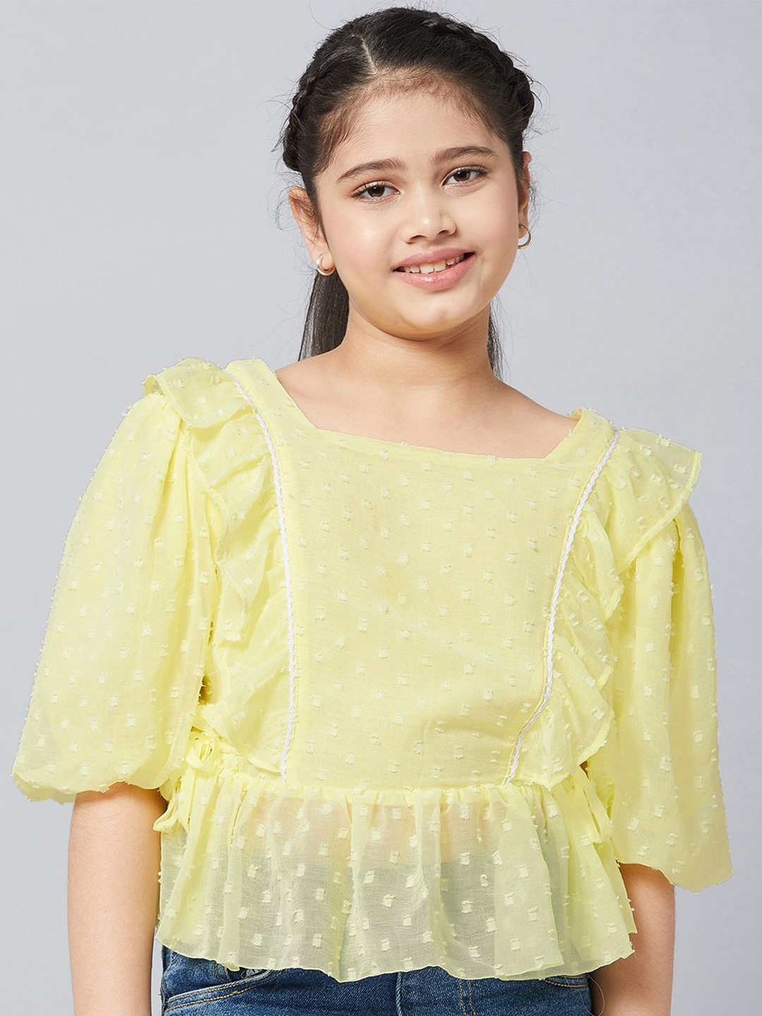 

Stylo Bug Polka Dot Puff Sleeve Peplum Top, Yellow