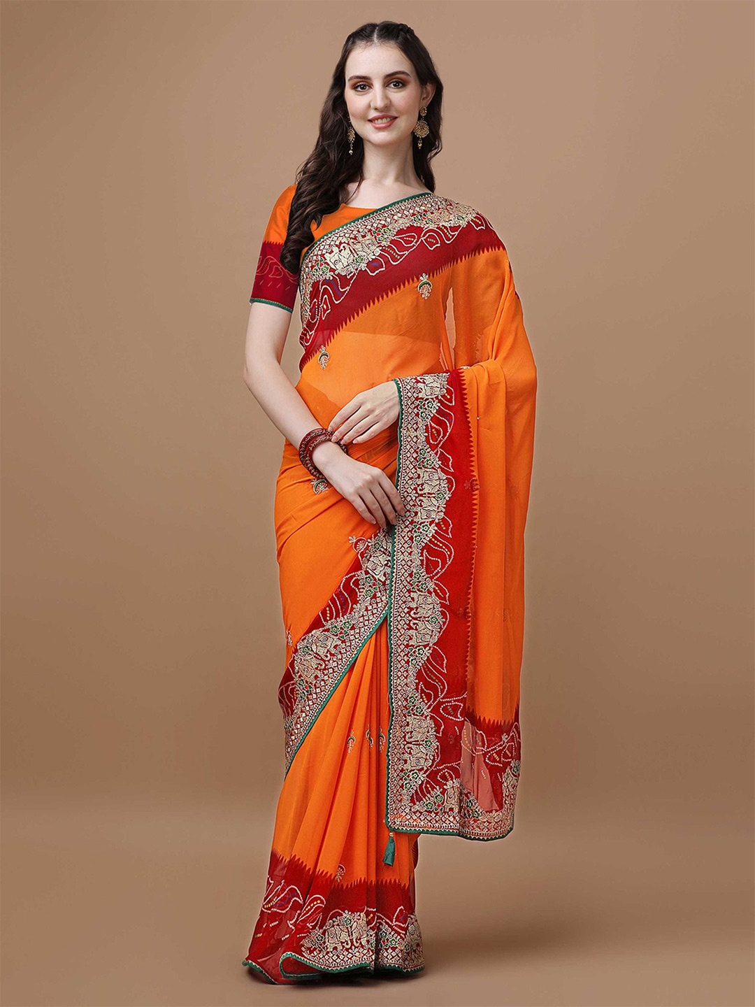

DIVASTRI Bandhani Poly Georgette Bandhani Saree, Orange