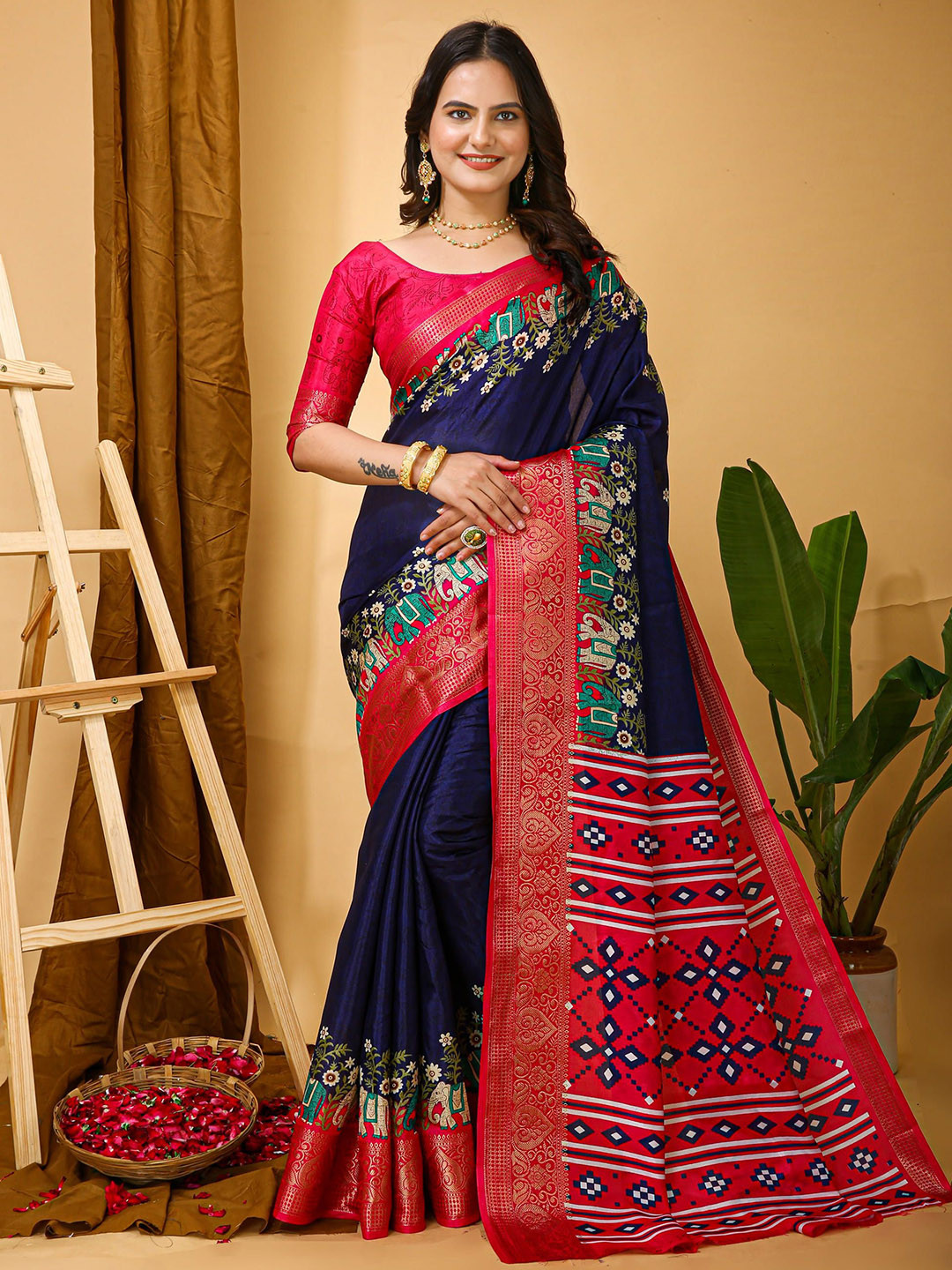 

KALINI Floral Zari Art Silk Banarasi Saree, Blue