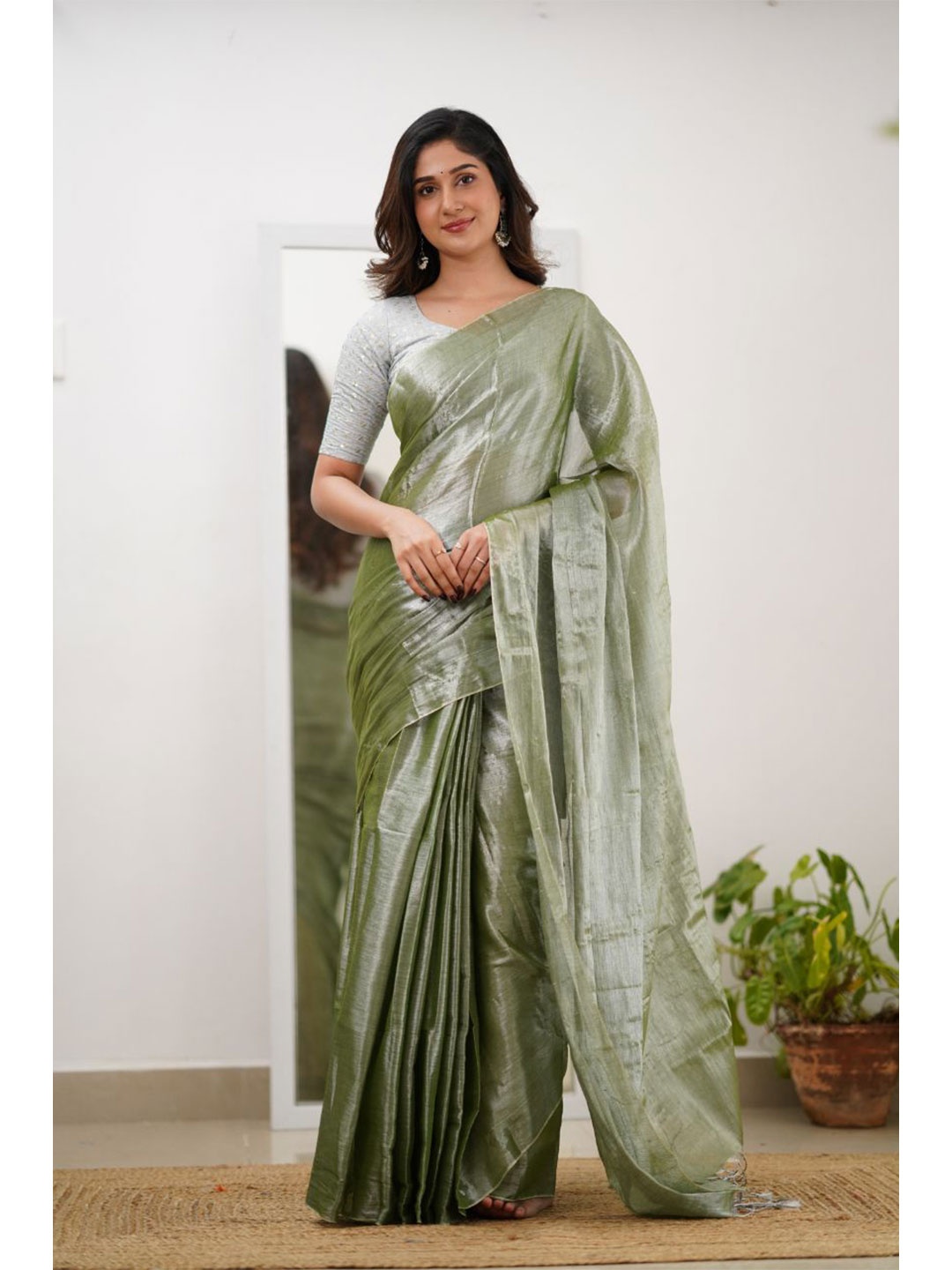 

Sutisancha Olive Green Handloom Tissue Saree With Designer Blouse, Sea green