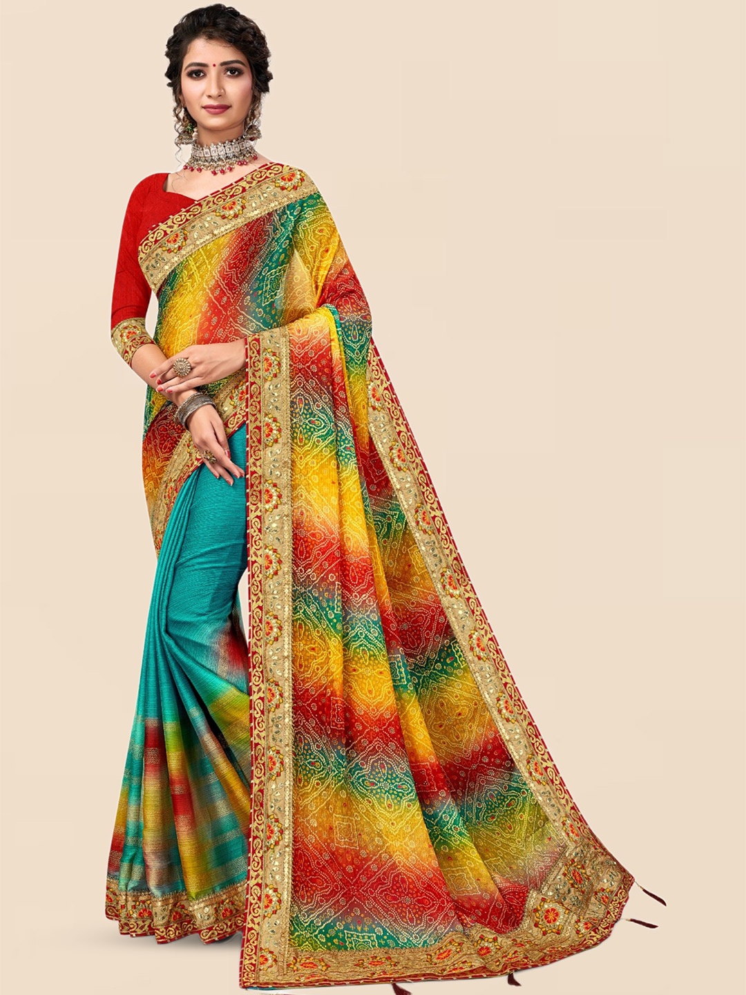 

DIVASTRI Bandhani Poly Chiffon Bandhani Saree, Blue