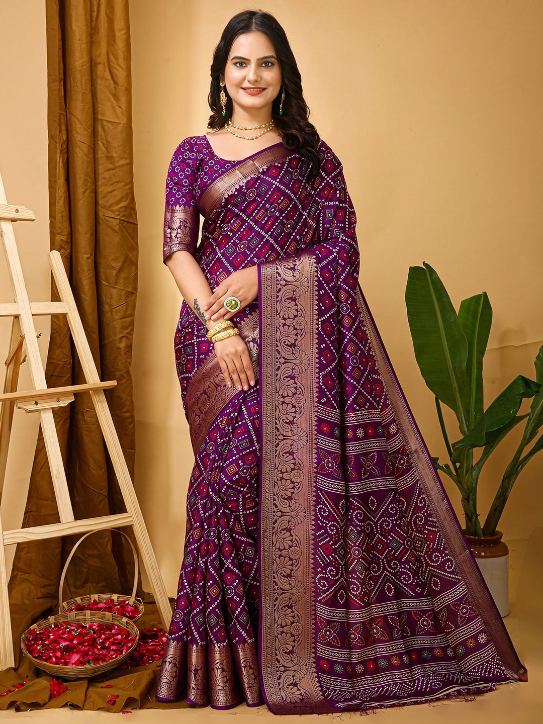 

KALINI Bandhani Zari Banarasi Saree, Purple