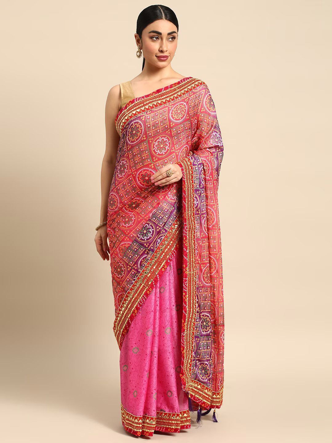 

DIVASTRI Bandhani Gotta Patti Poly Chiffon Bandhani Saree, Pink