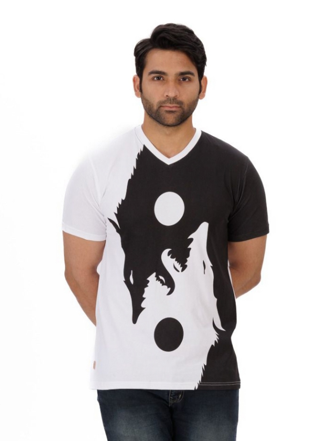 

Everestwolf Men Graphic Printed V-Neck Cotton Slim Fit T-shirt, White