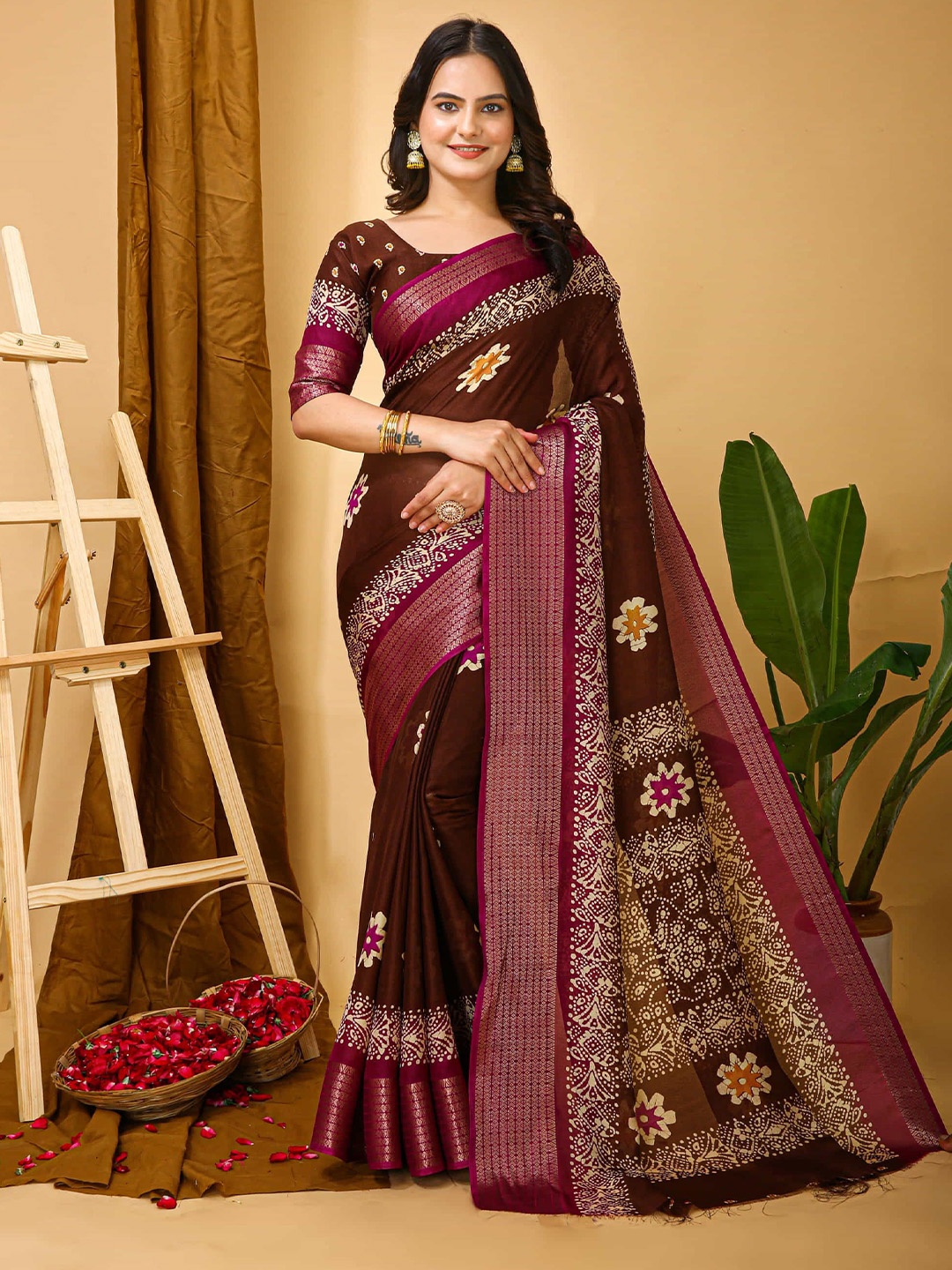 

KALINI Ethnic Motifs Zari Art Silk Banarasi Saree, Brown