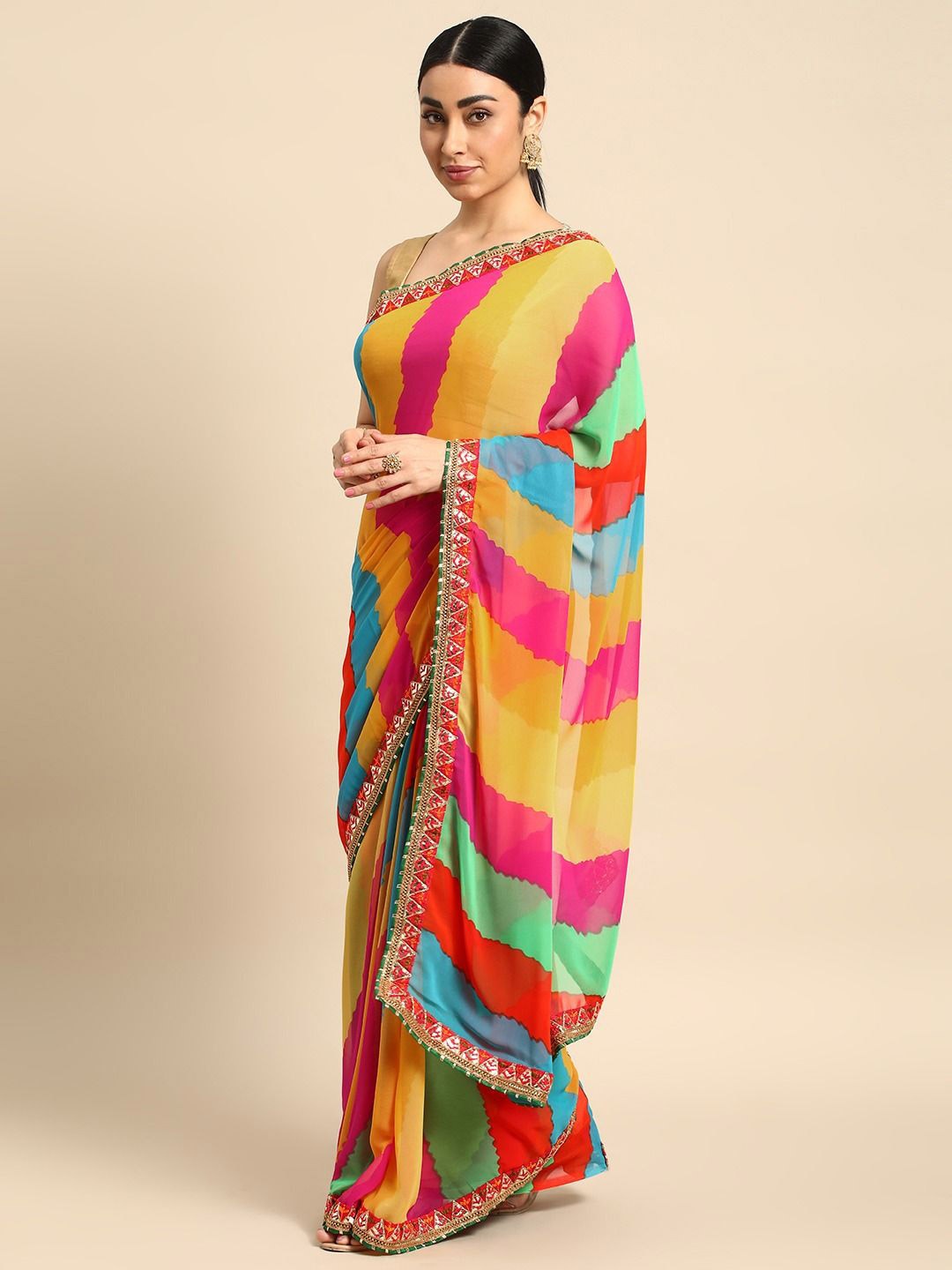 

DIVASTRI Leheriya Gotta Patti Poly Chiffon Leheriya Saree, Pink